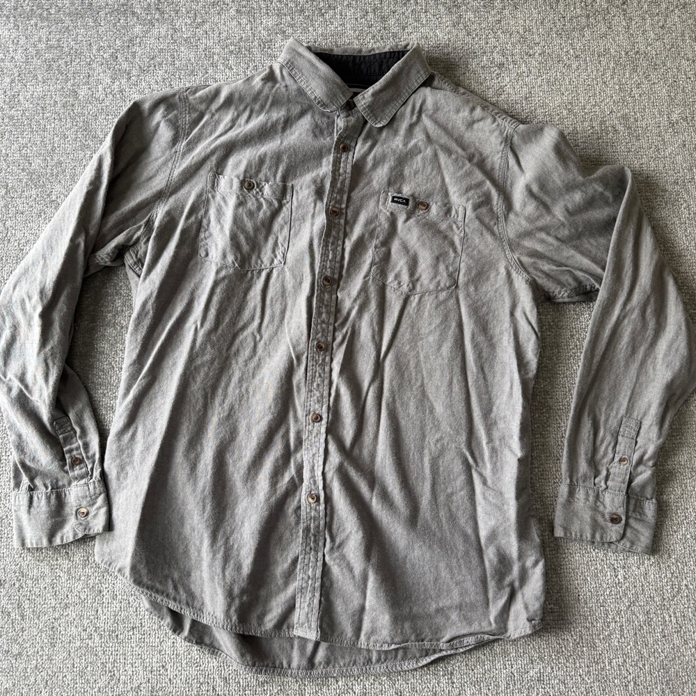 RVCA Men's X-Large Gray Button-Up Long Sleeve 100% Cotton Shirt